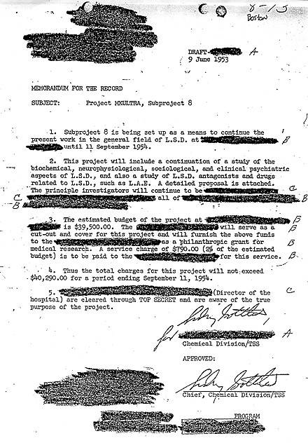 Declassified: the "Project MKULTRA, Subproject 8" memo, signed by Sidney Gottlieb, Chief, Chemical Division/TSS (9 June 1953)